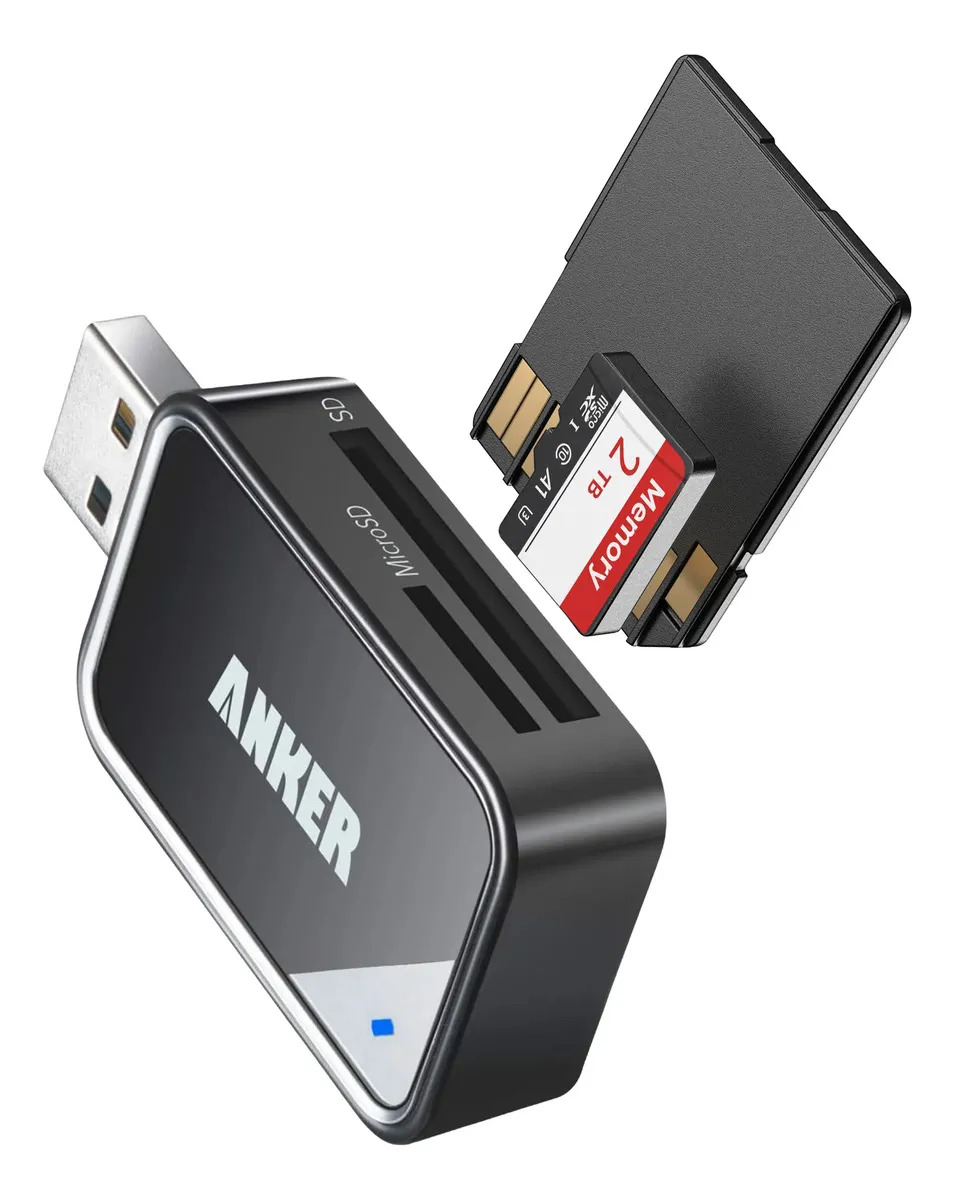 Leitor De Cartão Anker USB 3.0 5120Mbps SD e Micro SD 2 em 1 Duplo Slot Leitura Simultânea Compatível SDXC, SDHC, MMC, RS-MMC, UHS-I, Câmera Fotográfica para Notebook Desktop Mac W