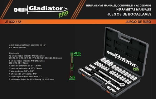 Juego De Tubos 32 Piezas 1/2 Milimétrico Gladiator Pro Jt832