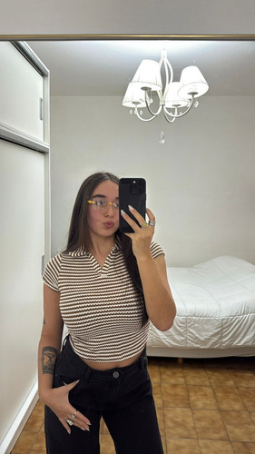 Remera Chomba Polo Hilo Rayada Marron Casual Importada