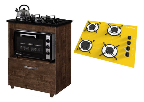 Kit Balcão Cooktop 1 Porta Br C/fogão Cooktop 4 Bocas Cor Ipê