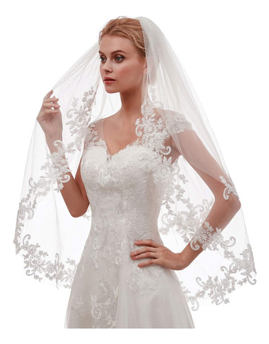 Velo Corto De Novia De Encaje De 2 Niveles Para Mujer Con