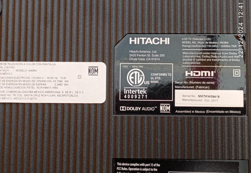 Tv Hitachi M43r4 Ojo Solo Por Partes Se Cotiza La Pieza (Usado)