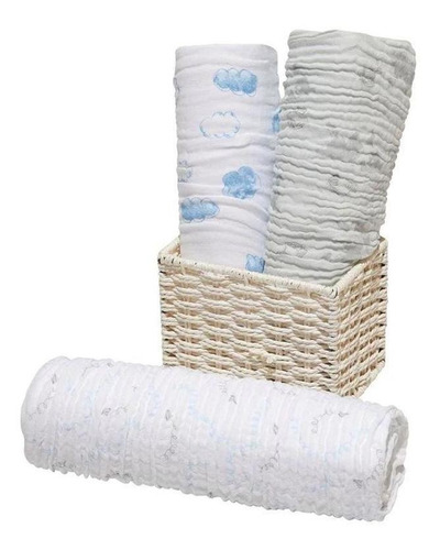 Cueiro Swaddle Estampado Com 3 Pçs Azul 1,20m X 1,20m Papi