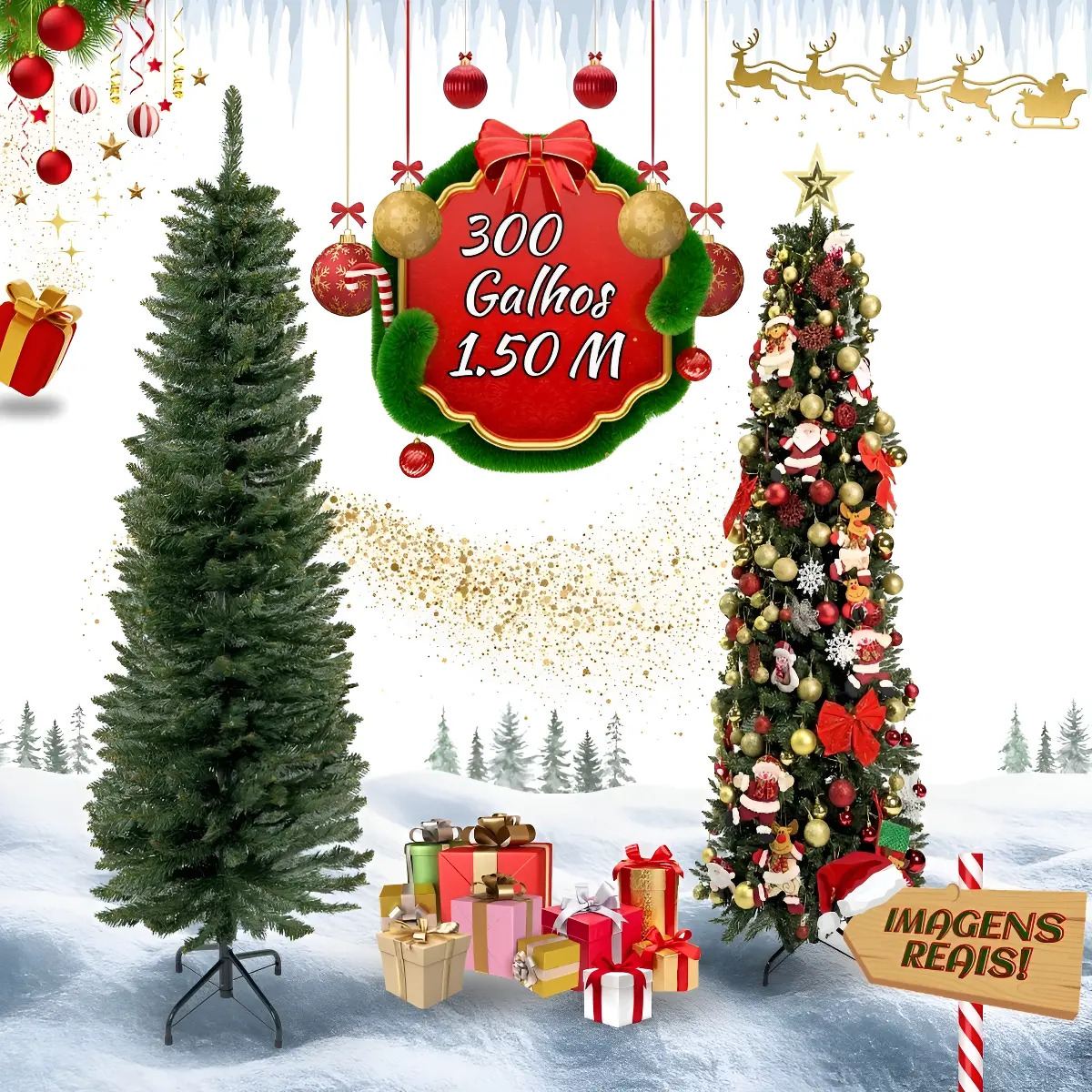 Árvore Natal Slim 1,50m 300 Galhos Pinheiro Tradicional Fina Luxo Cheia Luvinco