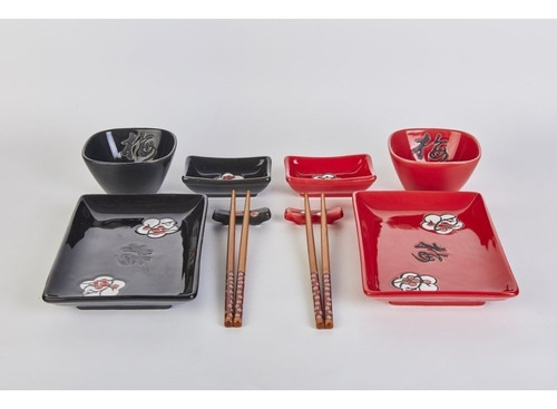 Set De Sushi Para 2 Mitad Rojo Y Negro 10 Piezas Porcelana Color Combinado