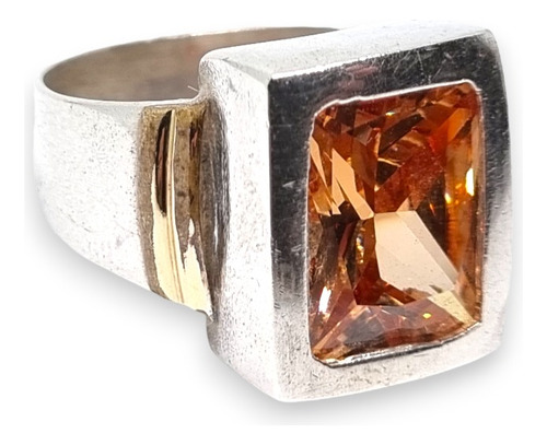 Anillo Plata Y Oro Con Piedra Rectangular Grande Ambar