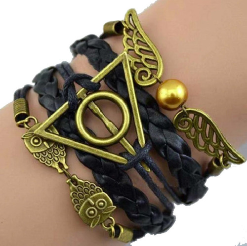 Imagem 1 de 4 de Pulseira Couro Harry Potter Pomo De Ouro Relíquias Da Morte