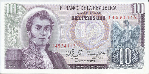 Colombia 10 Pesos Oro 7 De Agosto  1979