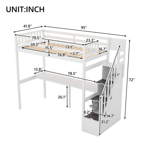 Meritline Cama Alta Individual Con Escritorio Y Escaleras