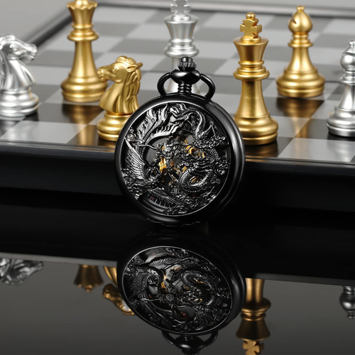 Reloj De Bolsillo Mecánico Dragón Fénix Negro Con Caja Regal Color