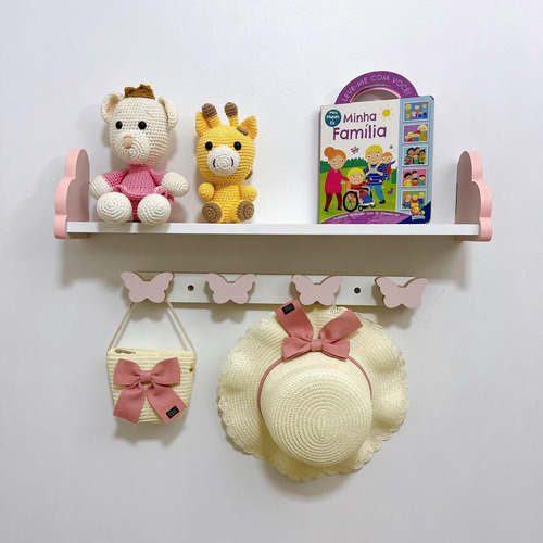 2 Prateleiras Nuvem Rosa 60cm E 2 Cabideiros Formas Infantil