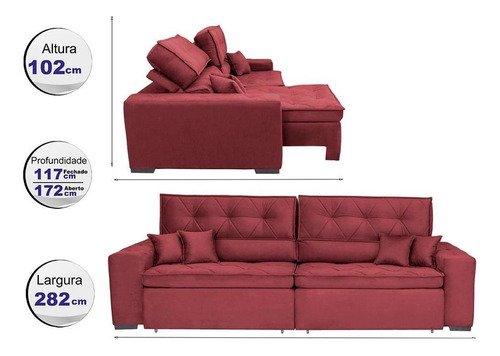 Sofá Austin 2,82m Retrátil, Reclinável com Molas no Assento e Almofadas, Suede Vinho Cama inBox