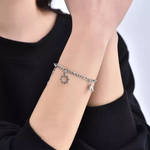 Pulsera Pareja Solar Y Luna Acero Inoxidable Mujer Color Plata Qyju