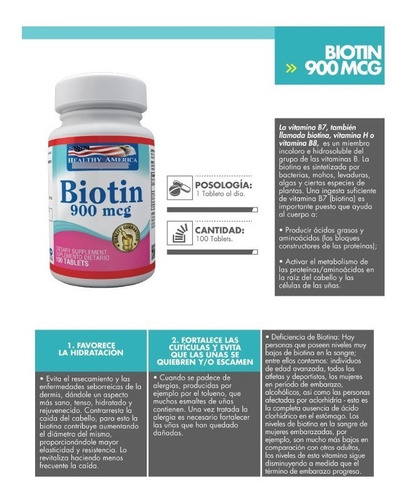 Biotina 900 Mcg Crecimiento Del Cabello Por 100 Tabletas 