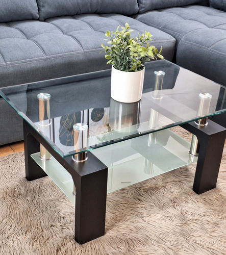Mesa Ratona Moderna Vidrio Madera Paraiso Natural O Negro