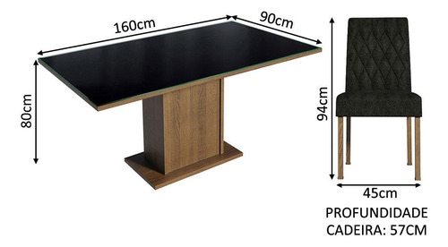 Sala Jantar Mesa Tampo Vidro 6 Cadeiras Geórgia Madesa Rpo Cor Rustic/Preto/Oxford Desenho do tecido das cadeiras Listrado