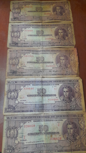 5 Billetes Bolivia; (50 Bolivianos Año 1945) Buen Eatado...