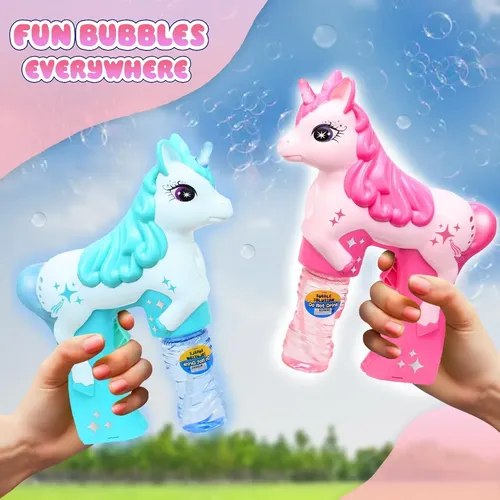 Pistola De Pompas Unicornio Con LED Y 2 Botes De Jabón De 50 Ml – Juguete De Plástico Rosa De 25 Cm Para Fiestas Y Cumpleaños