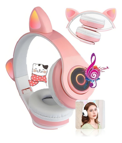 Fone De Ouvido Gatinho Bluetooth 5.0 Rosa Dobravel