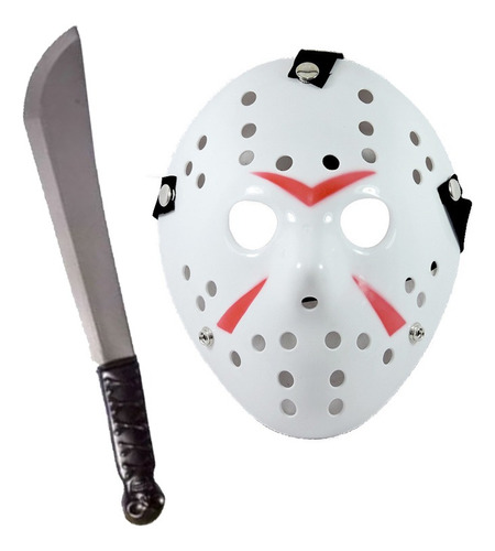 Disfraz de Halloween de Jason Mask Friday the 13th y machete, color blanco