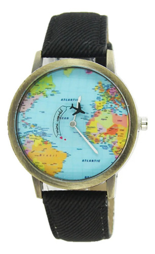 Reloj Mapa Mundi Segundero Avión Gira Hombre Mujer Malla Negro Bisel Metal