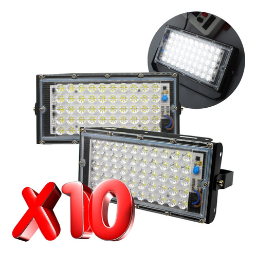 Lote De 10 Reflectores Led 50w Lupa Interperie Luz Blanca