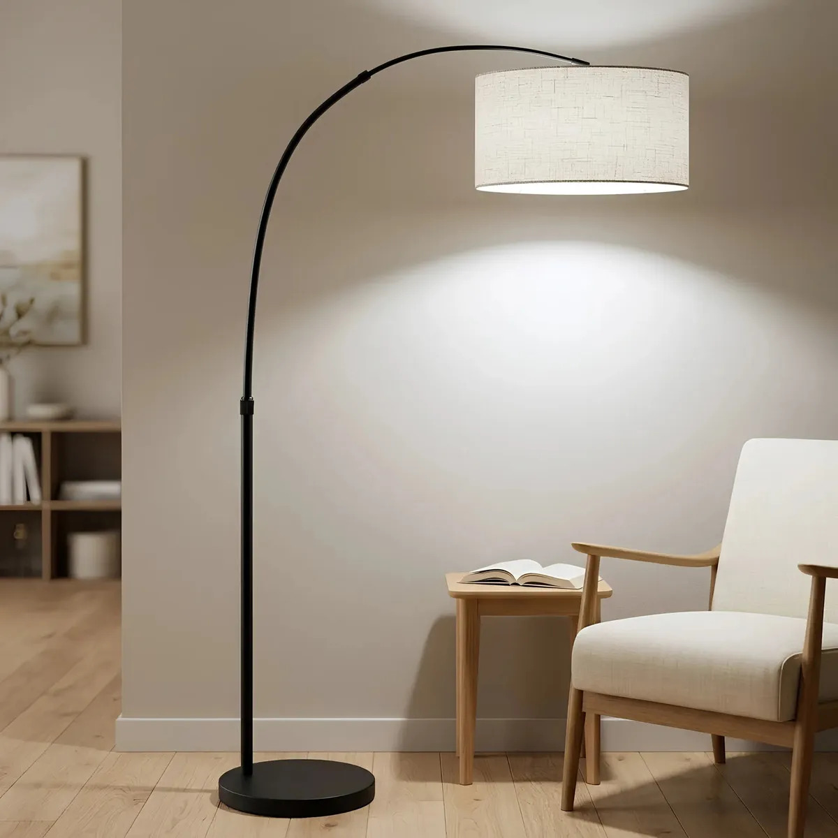 Magma Life Lámpara De Piso Con Luz Blanca, Pantalla De Lino y Base Metálica Resistente, Lámpara Con Foco LED, Decoración De Hogar y Espacios Interiores, Ideal Para Sala, Oficina, L