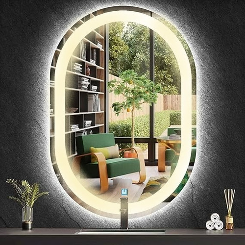 Espelho Jateado Oval Iluminado Com Led Touch Screen 100x50cm Moldura Branco Quente 3000k