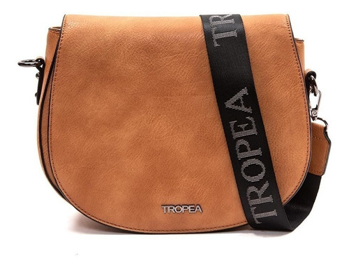 Bolsa de ombro marrom lisa Tropea Lea com alça de ombro preta e branca e ferragens de metal