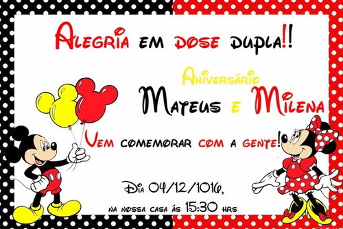 05 Unid. Convites Personalizados Mickey E Minnie Aniversário