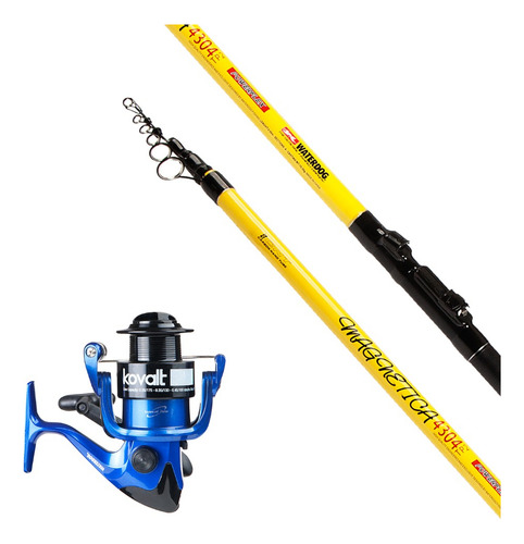 Combo Waterdog Caña Magnetica 4.30 M + Reel Kov P/ Pejerrey Color Amarillo