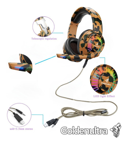 Headset Gamer Fone Pc Pro Celular Ps4 Xbox Led Microfone Cor Marrom camuflado Cor da luz RGB