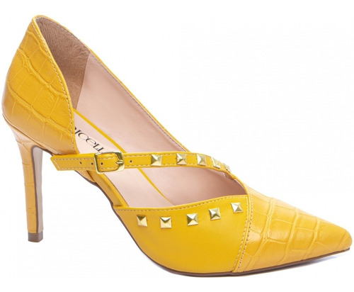 Imagem 1 de 4 de Sapato Scarpin Amarelo Salto Alto Fino Fechado Confortável 