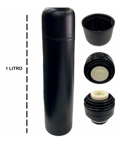 Imagen 3 de 5 de Termo Bala Acero Negro 1l Doble Capa Termica Tapon Mate Piu