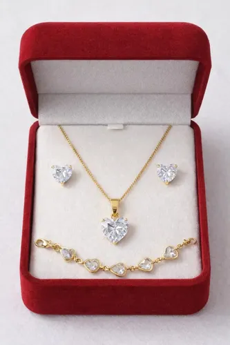 Colar Pingente Coração Brilhante Banhado Ouro 18k + Brincos