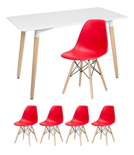 Kit Mesa Jantar Eames Retangular  4 Cadeiras Eiffel Wood Av Cor da tampa Mesa branco com cadeiras vermelho