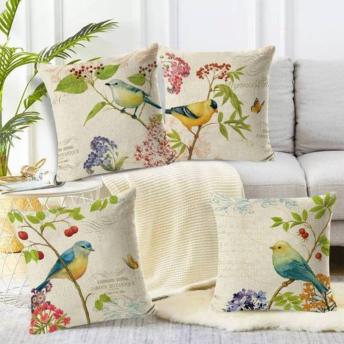 Fundas Cojines Almohada Decorativos Lino Algodón 4pcs 45cm Pájaros