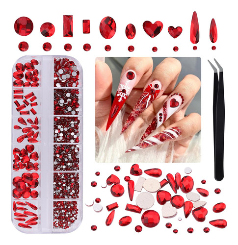 Red Nail Art Rhinestones Hearts Drop Gemas De Uñas For...