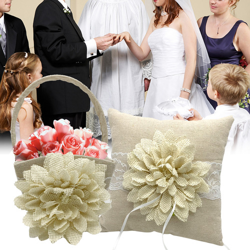 Cesta De Flores Y Cojín Para Anillos De Boda, Encaje Con For