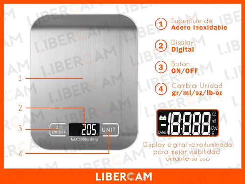 Imagen 5 de 7 de Balanza Digital De Cocina 5kg Electrónica Acero Inoxidable Color Plateado