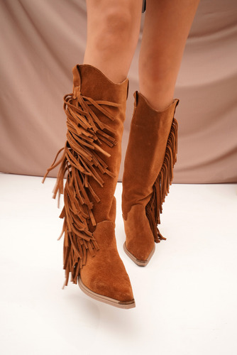Botas Texanas Mujer Caña Alta Cuero Gamuza 100% Flecos Berna