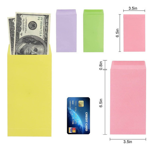 100 Sobres De Dinero En Efectivo De Colores 6.7 X 3.5 Pulgad