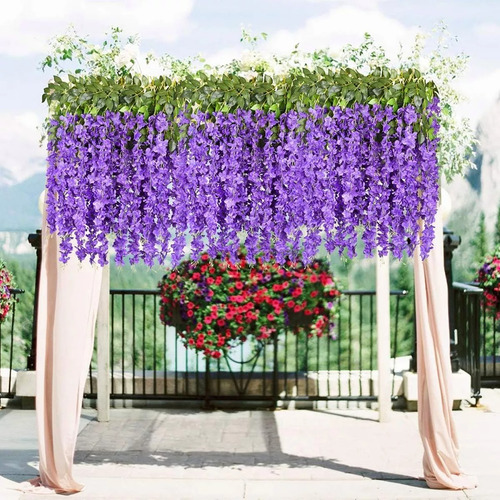 24pzs Flores Artificial Wisteria Decoración Fiesta Boda 1.1m Lila