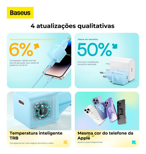 Carregador Baseus Turbo 20w Gan5 Usb-c Para Android E iPhone