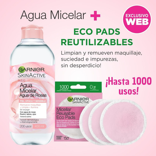 Imagen 2 de 2 de Agua Micelar De Rosas + Eco Pads Desmaquillante Garnier