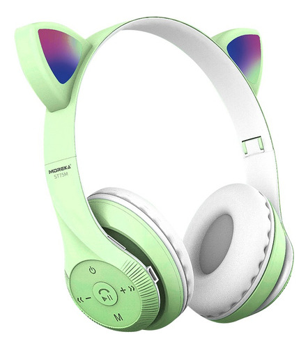 Audifonos Orejas De Gato Bluetooth 5.3 Led Diadema Ninos Color Verde