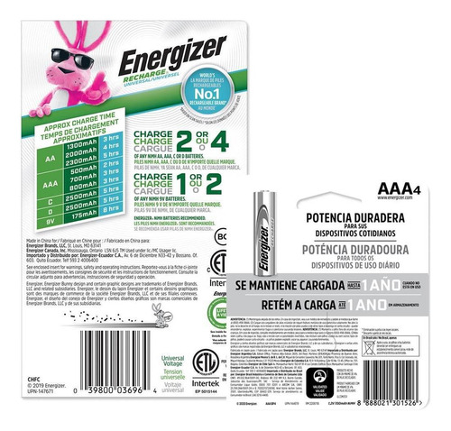Imagen 2 de 6 de Cargador Universal Pilas Energizer + 4 Pilas Recargables Aaa