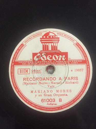 Disco De Pasta Mariano Mores Odeon 61003 78 Rpm (Usado)