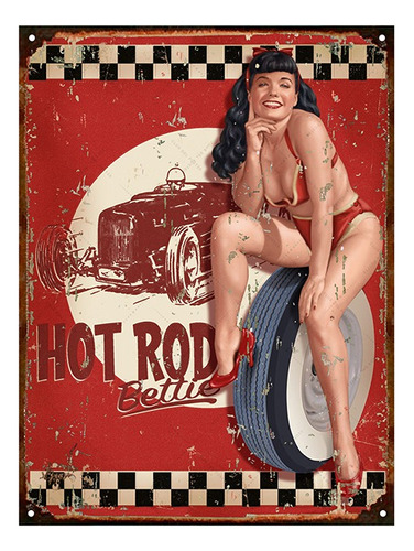 Cartel De Chapa Publicidad Antigua Hot Rod Bettie Page X234