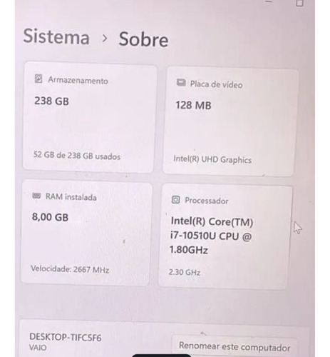 Notebook Vaiofe14 Coretm I7 10oth/ 8gb / Ssd 256/full Hd Cinza (Usado)